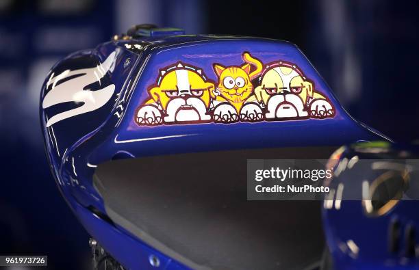 Decoration on Valentino Rossi's motorbike during the Moto GP test in the Barcelona Catalunya Circuit, on 23th May 2018 in Barcelona, Spain. --