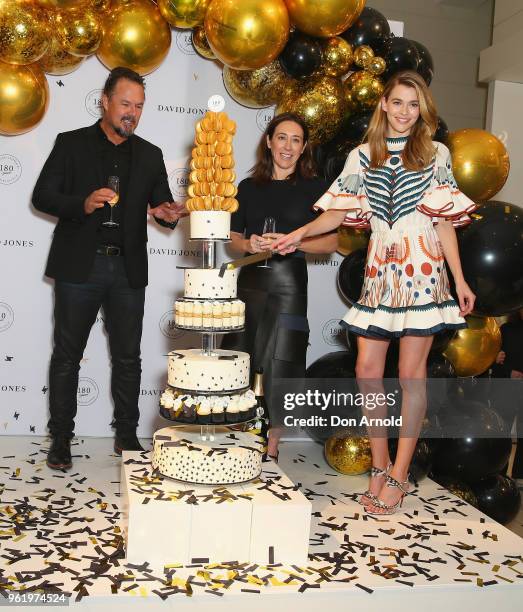 Edwina McCann and David Collins look on as Victoria Lee cuts the cake during David Jones 180th Birthday Celebrations at David Jones Elizabeth Street...