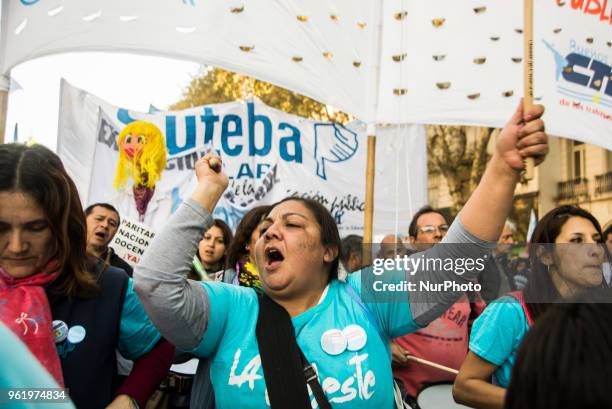 Teachers from all across the Argentine Republic marched to Plaza de Mayo, in Buenos Aires, Argentina, on May 24, 2018 in the second Federal Teacher...