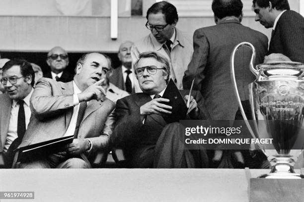 French Prime Minister Pierre Mauroy attends the European Cup final football match between Liverpool and Real Madrid at the Parc des Princes stadium...