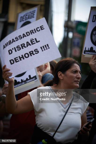 Woman holds a placard reading 'Israeli ambassador get out !'. People gathered in front of the Chamber of Commerce and Industry of Toulouse in protest...