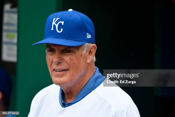 Former Kansas City Royals Lou Piniella waits to throw out the first pitch prior to a game between the Kansas City Royals and New York Yankees at...