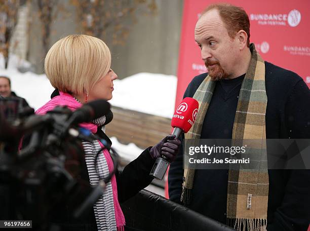 Louis CK is interviewed at the "Louis CK: Hilarious" premiere during the 2010 Sundance Film Festival at Library Center Theatre on January 26, 2010 in...