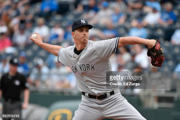Cole of the New York Yankees throws against the Kansas City Royals at Kauffman Stadium on May 20, 2018 in Kansas City, Missouri.