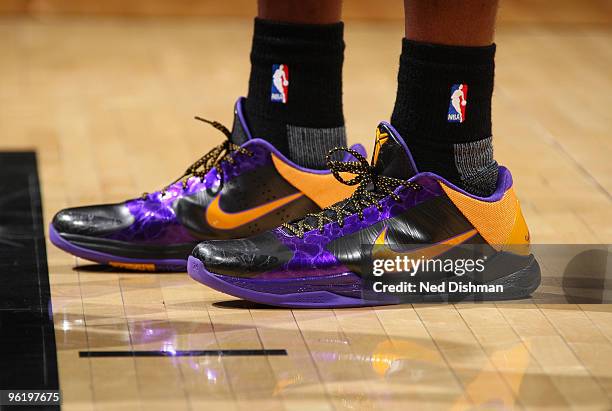 Close-up view of the sneakers of Kobe Bryant of the Los Angeles Lakers are shown during NBA action against the Washington Wizards at the Verizon...