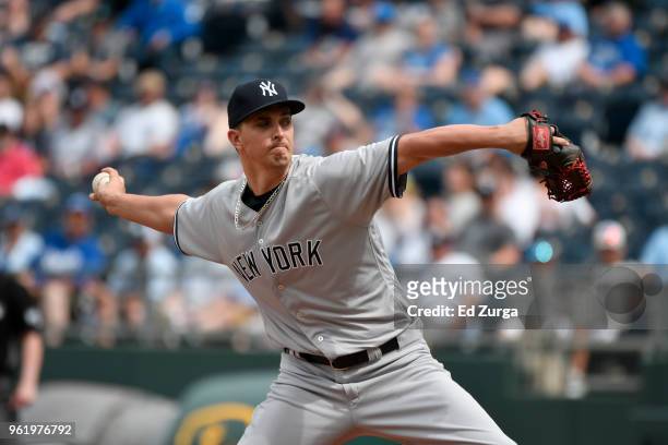 Cole of the New York Yankees throws against the Kansas City Royals at Kauffman Stadium on May 20, 2018 in Kansas City, Missouri.
