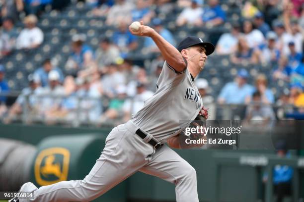 Cole of the New York Yankees throws against the Kansas City Royals at Kauffman Stadium on May 20, 2018 in Kansas City, Missouri.