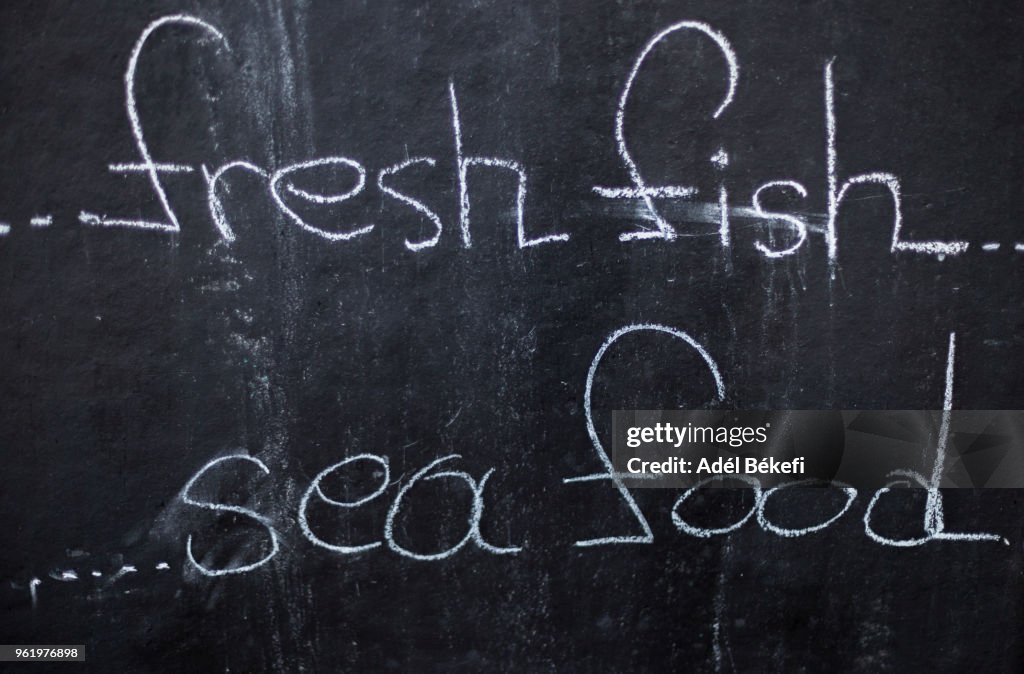 "fresh fish, sea food" text