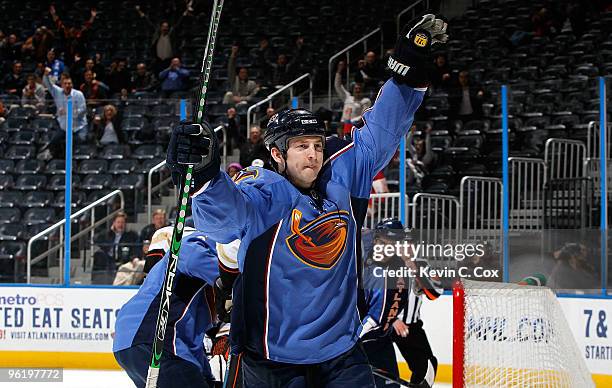 Colby Armstrong of the Atlanta Thrashers celebrates after scoring a goal against the Anaheim Ducks at Philips Arena on January 26, 2010 in Atlanta,...