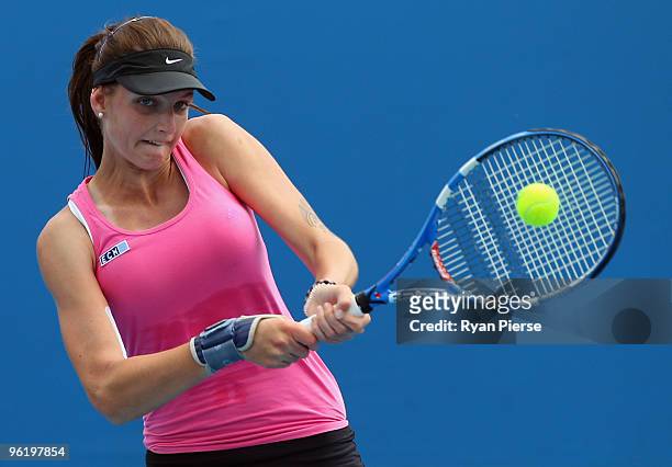Karolina Pliskova of the Czech Republic plays a backhand in her third round juniors match against Risa Ozaki of Japan during day ten of the 2010...