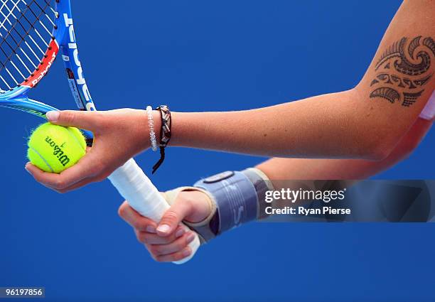 Karolina Pliskova of the Czech Republic prepares to serve in her third round juniors match against Risa Ozaki of Japan during day ten of the 2010...