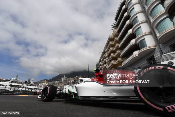 Sauber F1's Monegasque driver Charles Leclerc drives during the first practice session at the Monaco street circuit on May 24, 2018 in Monaco, ahead...