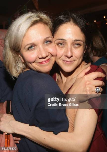 Maggie Gyllenhaal and Playwright Lily Thorne pose at the opening night after party for The New Group Theater's new play "Peace For Mary Frances" at...