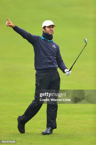 Jorge Campillo of Spain reacts as he plays his second shot on the 4th hole during day one of the BMW PGA Championship at Wentworth on May 24, 2018 in...