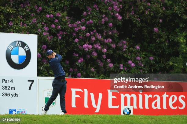 Chris Paisley of England tees off on the 7th hole during day one of the BMW PGA Championship at Wentworth on May 24, 2018 in Virginia Water, England.