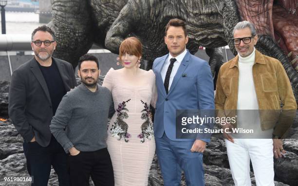 Colin Trevorrow, J.A Bayona, Bryce Dallas Howard, Chris Pratt and Jeff Goldblum attend the 'Jurassic World: Fallen Kingdom' photocall at London...