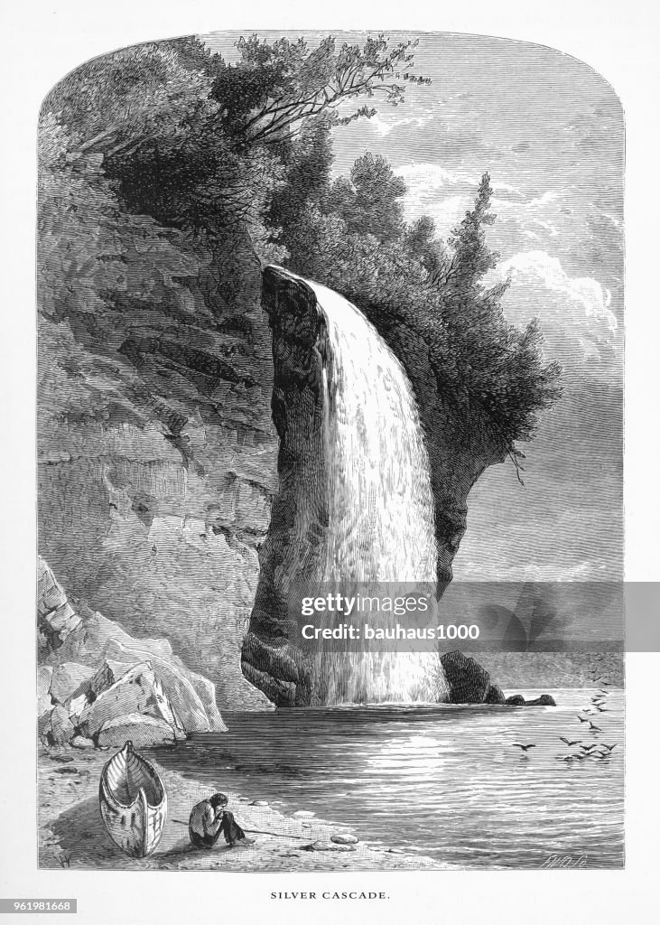 Silver Cascade, Lake Superior, Minnesota, United States, American Victorian Engraving, 1872