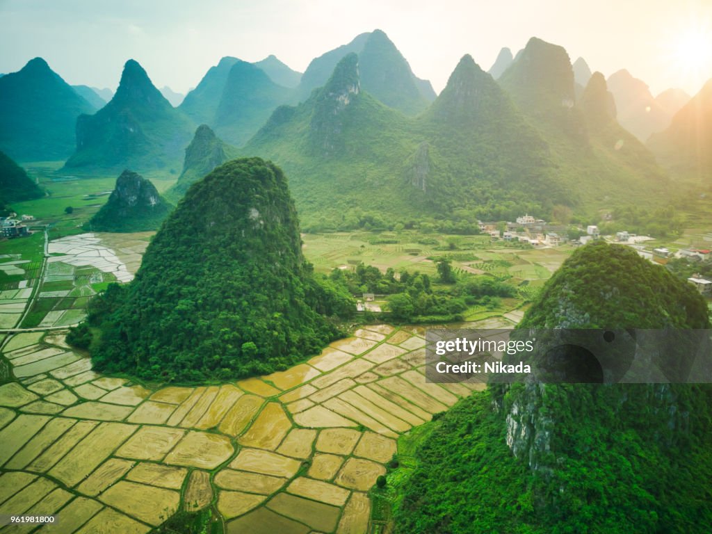 Aerial view of Karst mountains and rice fields near Guilin, Yangshuo