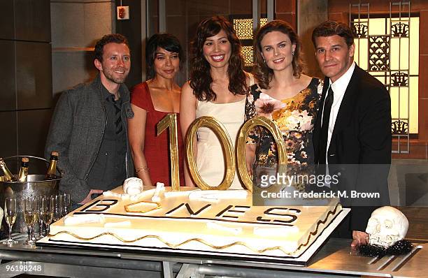 The cast of the television show "Bones", T.J. Thyne, Tamara Taylor, Michaela Conlin, Emily Deschanel, and David Boreanaz attend the 100th Episode...
