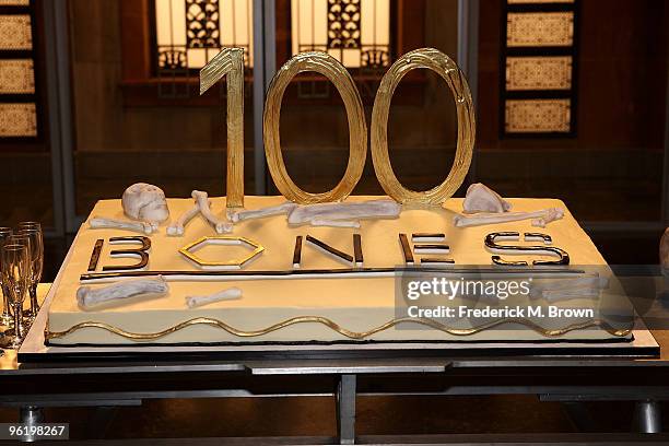 Cake is displayed during the 100th Episode celebration of the television show "Bones" at Fox Studios on January 26, 2010 in Los Angeles, California.