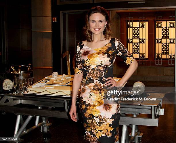 Actress Emily Deschanel attends the 100th Episode celebration of the television show "Bones" at Fox Studios on January 26, 2010 in Los Angeles,...