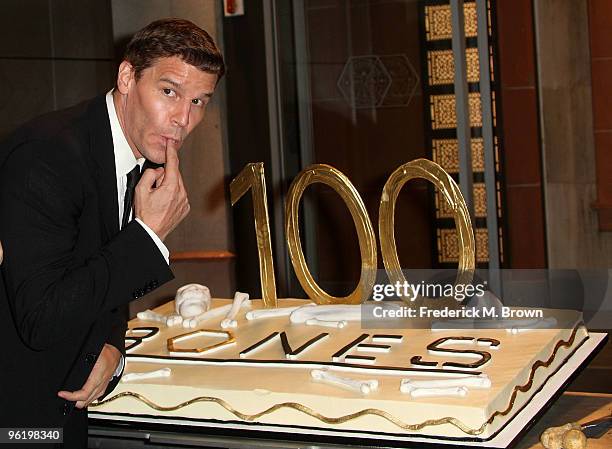 Actor/director David Boreanaz eats cake during the 100th Episode celebration of the television show "Bones" at Fox Studios on January 26, 2010 in Los...