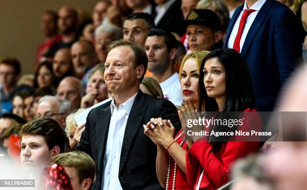 Sergey Dyadechko, president of Monaco and his wife during the Jeep Elite quarter-final play-off match between Monaco and Elan Bearnais Pau on May 23,...