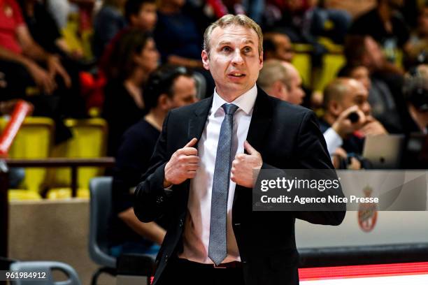 Laurent Vila head coach of Pau Orthez during the Jeep Elite quarter-final play-off match between Monaco and Elan Bearnais Pau on May 23, 2018 in...