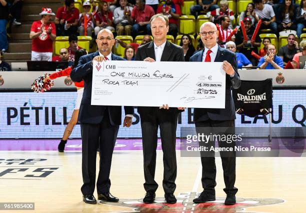 Sergey Dyadechko president of Monaco receives 1 million euro from the ASM Partners during the Jeep Elite quarter-final play-off match between Monaco...