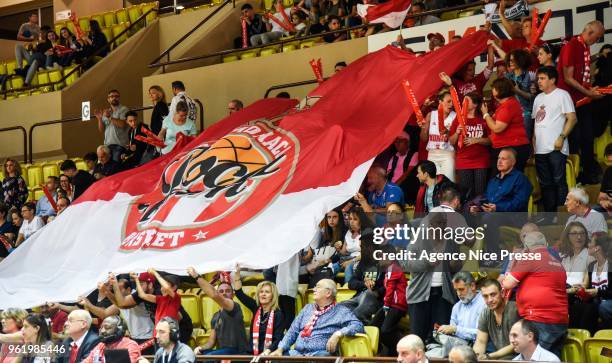 Fans of Monaco during the Jeep Elite quarter-final play-off match between Monaco and Elan Bearnais Pau on May 23, 2018 in Monaco, Monaco.