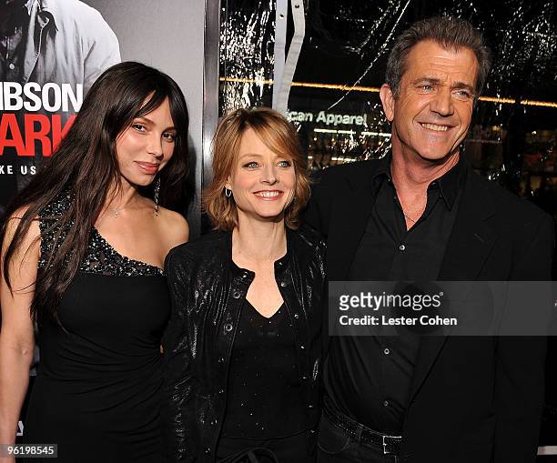 Oksana Grigorieva, actress Jodie Foster and actor Mel Gibson arrive at the "Edge Of Darkness" premiere held at Grauman's Chinese Theatre on January...