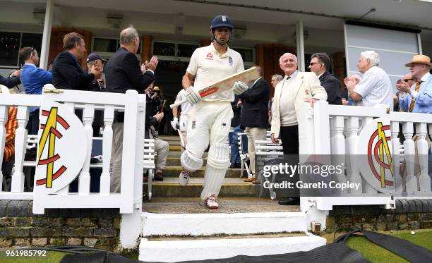 Alastair Cook of England walks out to bat ahead of the NatWest 1st Test match between England and Pakistan at Lord's Cricket Ground on May 24, 2018...