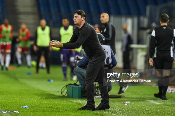 Michael Debeve Coach of Toulouse during the Ligue 1 play-off match between AC Ajaccio and Toulouse at Stade de la Mosson on May 23, 2018 in...
