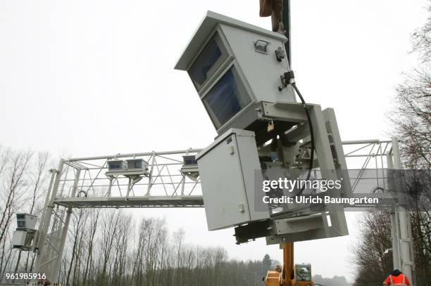 Truck toll from July 1. 2018 also on all federal roads. Mounting of a toll bridge near Cologne.