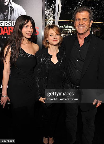 Oksana Grigorieva, actress Jodie Foster and actor Mel Gibson arrive at the "Edge Of Darkness" premiere held at Grauman's Chinese Theatre on January...