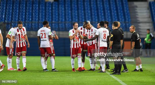 Team Ajaccio during the Ligue 1 play-off match between AC Ajaccio and Toulouse at Stade de la Mosson on May 23, 2018 in Montpellier, France.