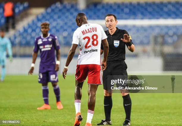 Ruddy Buquet Referee and Moussa Maazou of Ajaccio during the Ligue 1 play-off match between AC Ajaccio and Toulouse at Stade de la Mosson on May 23,...