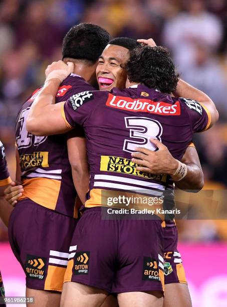 Jamayne Isaako of the Broncos celebrates scoring a try during the round 12 NRL match between the Brisbane Broncos and the Parramatta Eels at Suncorp...