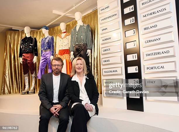 Anni-Frid Lyngstad and Bjorn Ulvaeus with their costumes from the Eurovision Song Contest at the ABBAWORLD Exhibition at Earls Court on January 26,...