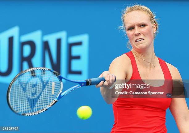 Korie Homan of the Netherlands plays a forehand in her Women's Wheelchair Singles match against Daniela Di Toro of Australia during day ten of the...