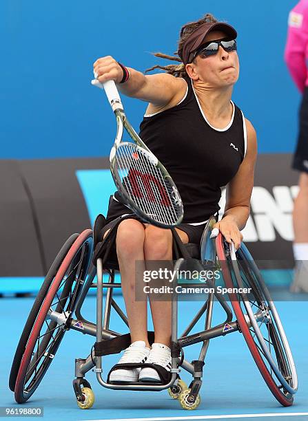 Daniela Di Toro of Australia serves in her Women's Wheelchair Singles match against Korie Homan of the Netherlands during day ten of the 2010...