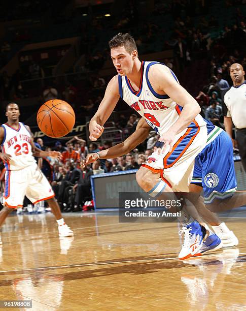 Danilo Gallinari of the New York Knicks goes for the ball against the Minnesota Timberwolves during the game on January 26, 2010 at Madison Square...