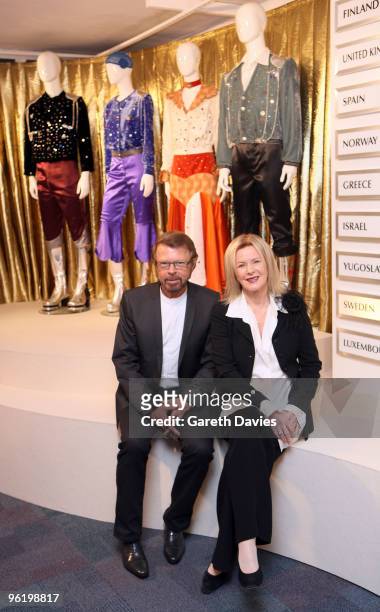 Anni-Frid Lyngstad and Bjorn Ulvaeus with their costumes from the Eurovision Song Contest at the ABBAWORLD Exhibition at Earls Court on January 26,...