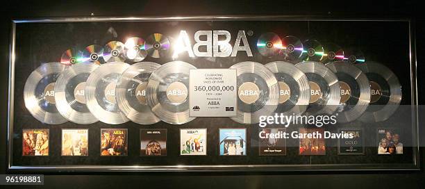 Platinum discs denoting 360 million albums sold on display at ABBAWORLD Exhibition at Earls Court on January 26, 2010 in London, England.
