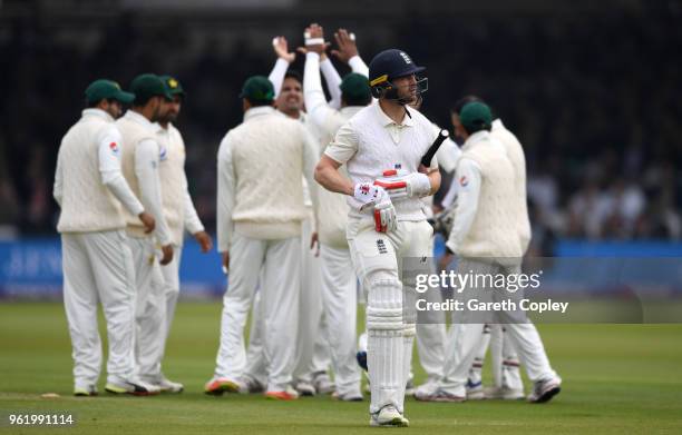 Mark Stoneman of England leaves the field after being dismissed by Mohammad Abbas of Pakistan during the NatWest 1st Test match between England and...