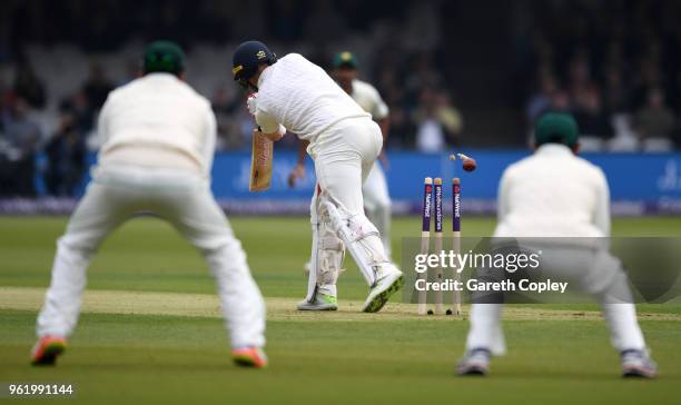 Mark Stoneman of England is bowled by Mohammad Abbas of Pakistan during the NatWest 1st Test match between England and Pakistan at Lord's Cricket...