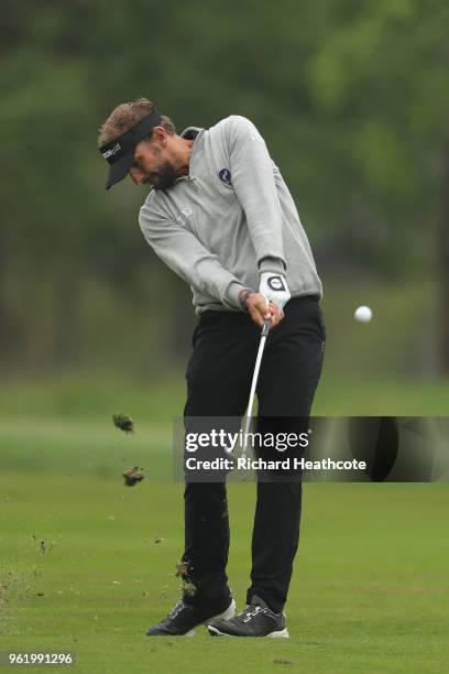 Joost Luiten of the Netherlands on the ninth hole during the first round of the BMW PGA Championship at Wentworth on May 24, 2018 in Virginia Water,...