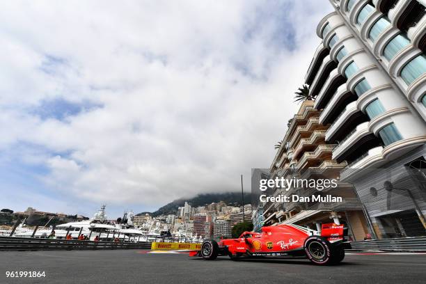 Kimi Raikkonen of Finland driving the Scuderia Ferrari SF71H on track during practice for the Monaco Formula One Grand Prix at Circuit de Monaco on...