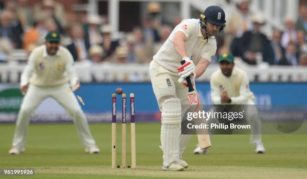 Mark Stoneman of England is bowled by Mohammad Abbas of Pakistan during the 1st Test match between England and Pakistan at Lord's cricket ground on...