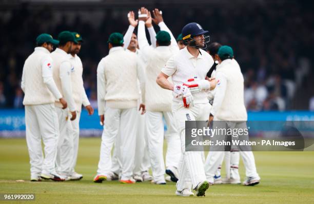 England's Mark Stoneman walks off dejected after getting out for 4 to Pakistan's Mohammad Abbas during day one of the First NatWest Test Series match...